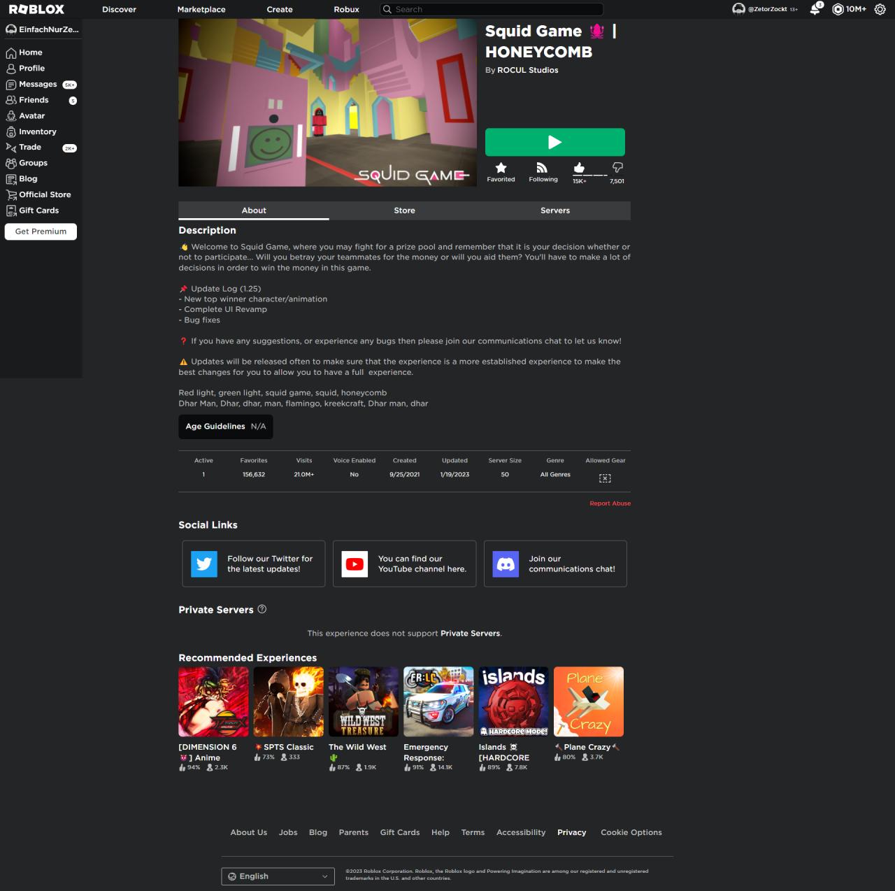 Roblox experience page for Squid Game | HONEYCOMB with 21M+ visits