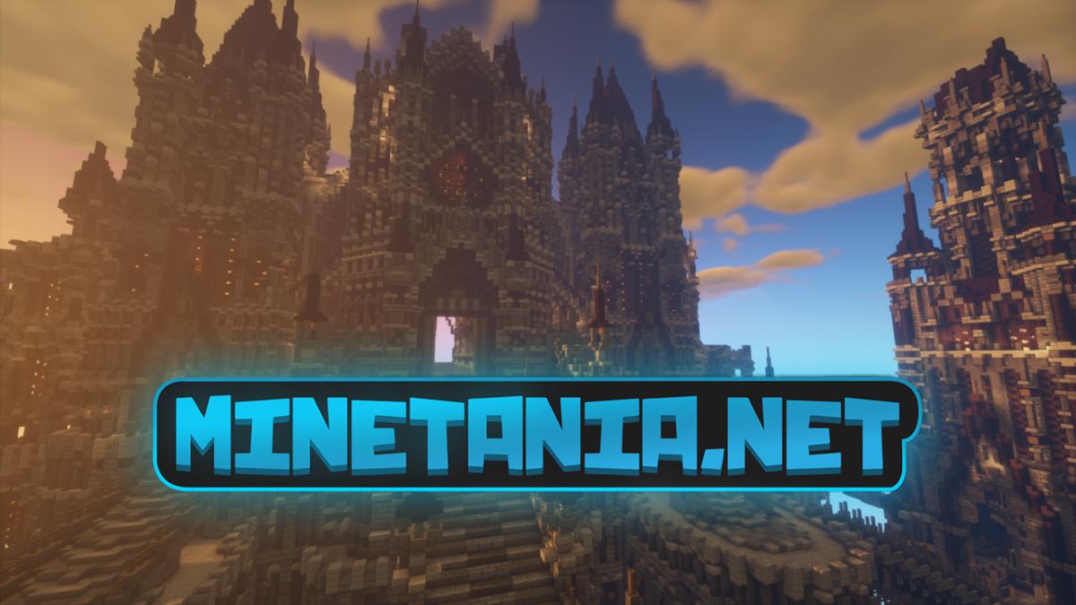 MineTania.net title image with a large Minecraft cathedral build