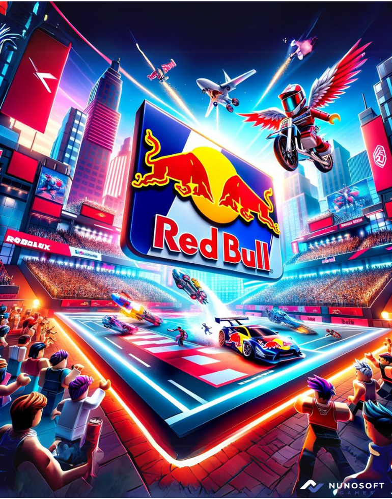 Nunosoft Red Bull project artwork with Roblox-style characters in a stadium setting